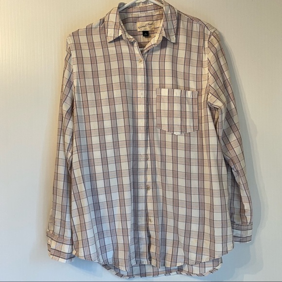 Oversized XS Plaid Button Shirt + Tank S Set Cream Plum Lightweight Layered Look - Picture 4 of 10